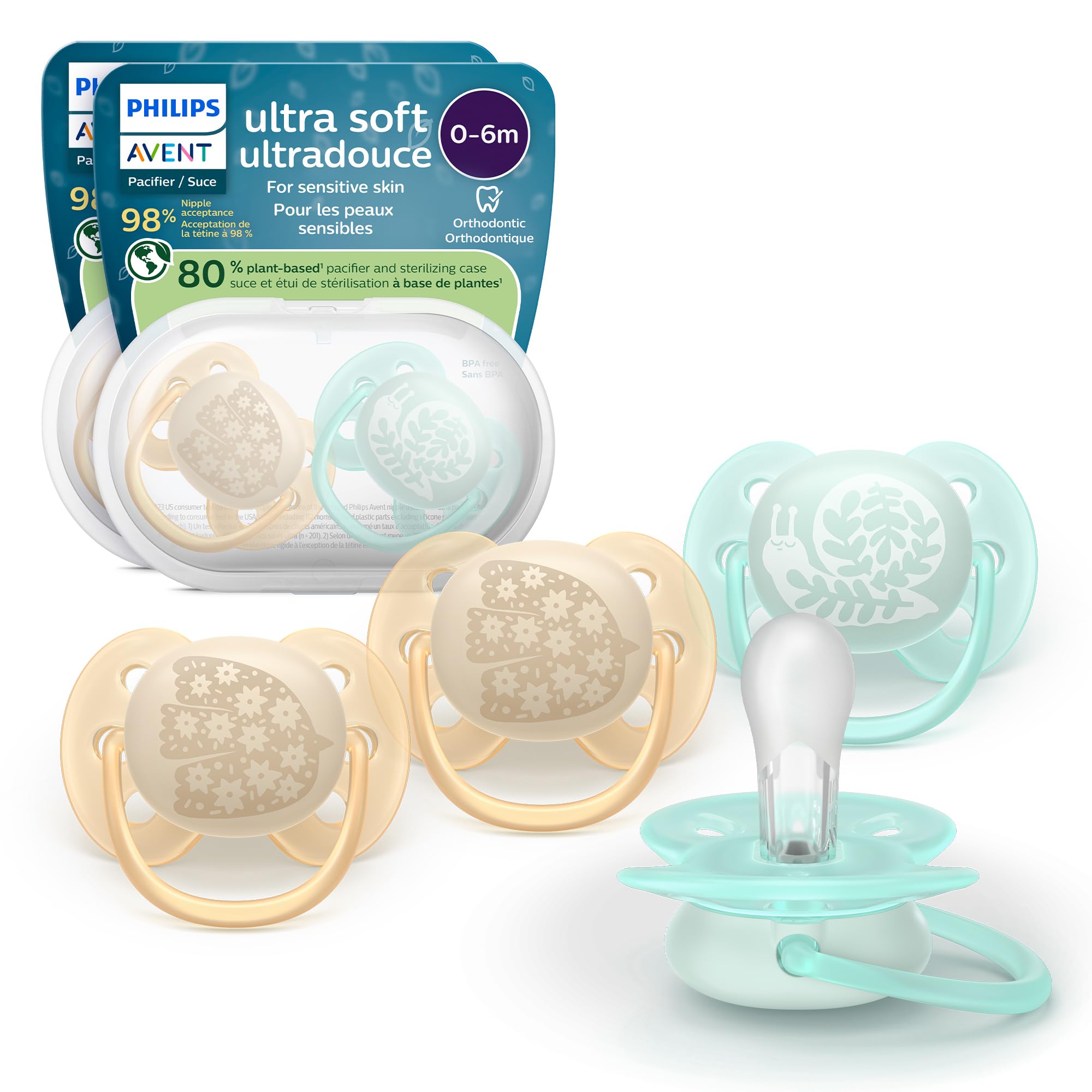Photo 1 of Philips Avent Ultra Soft Pacifiers - Orthodontic Design, for Babies 0-6 Months, Flexible Shield, Silicone Symmetrical Nipple, BPA-Free, 2 Sterilizing Cases, 4 Pack, SCF091/49