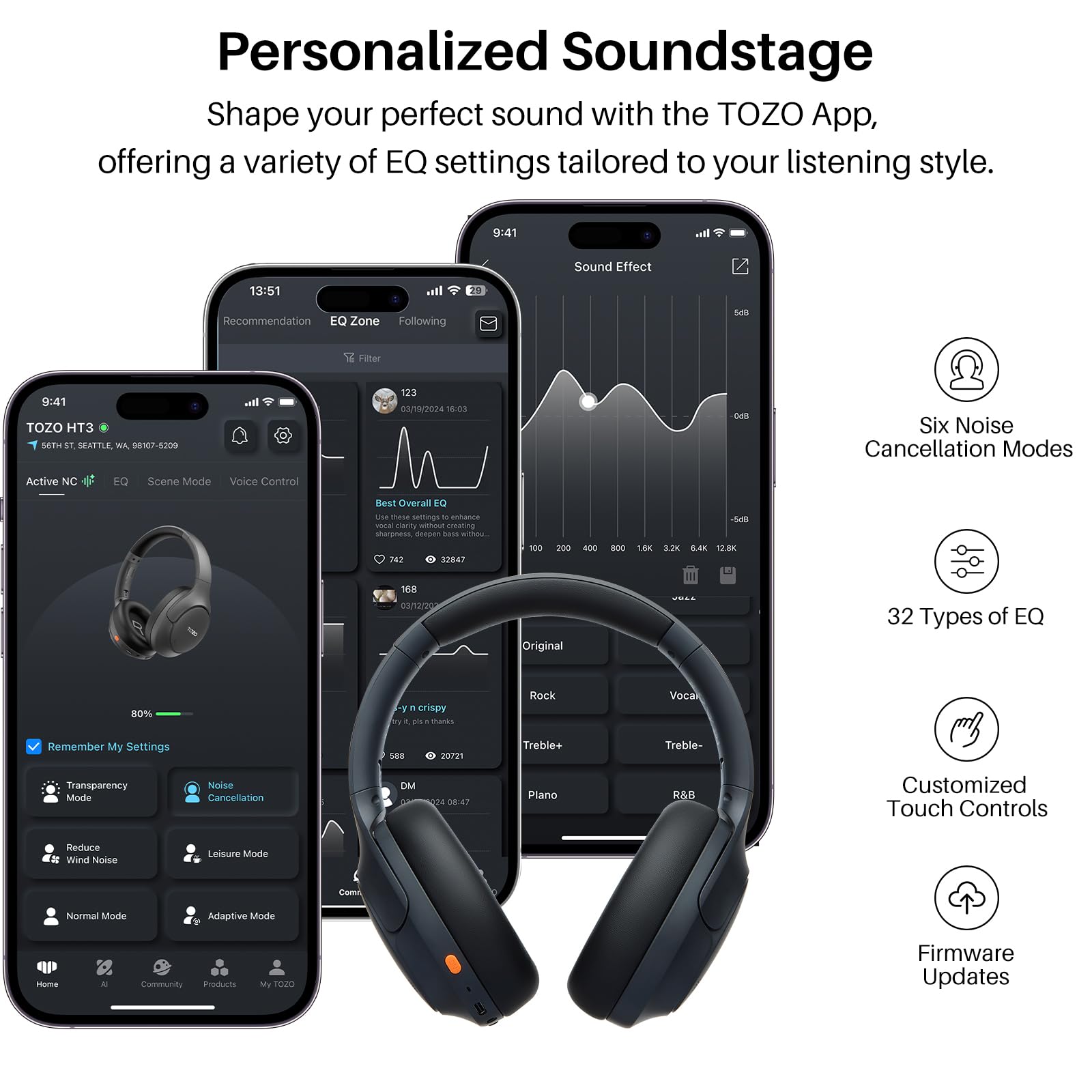 TOZO HT3 Hybrid Noise Cancelling Headphones, 90H Playtime Wireless Over Ear Bluetooth Headset, Spatial Audio AI Chat with 5 Mics, Supports Dual Connection and USB-C Input, with 32 EQ Music Modes