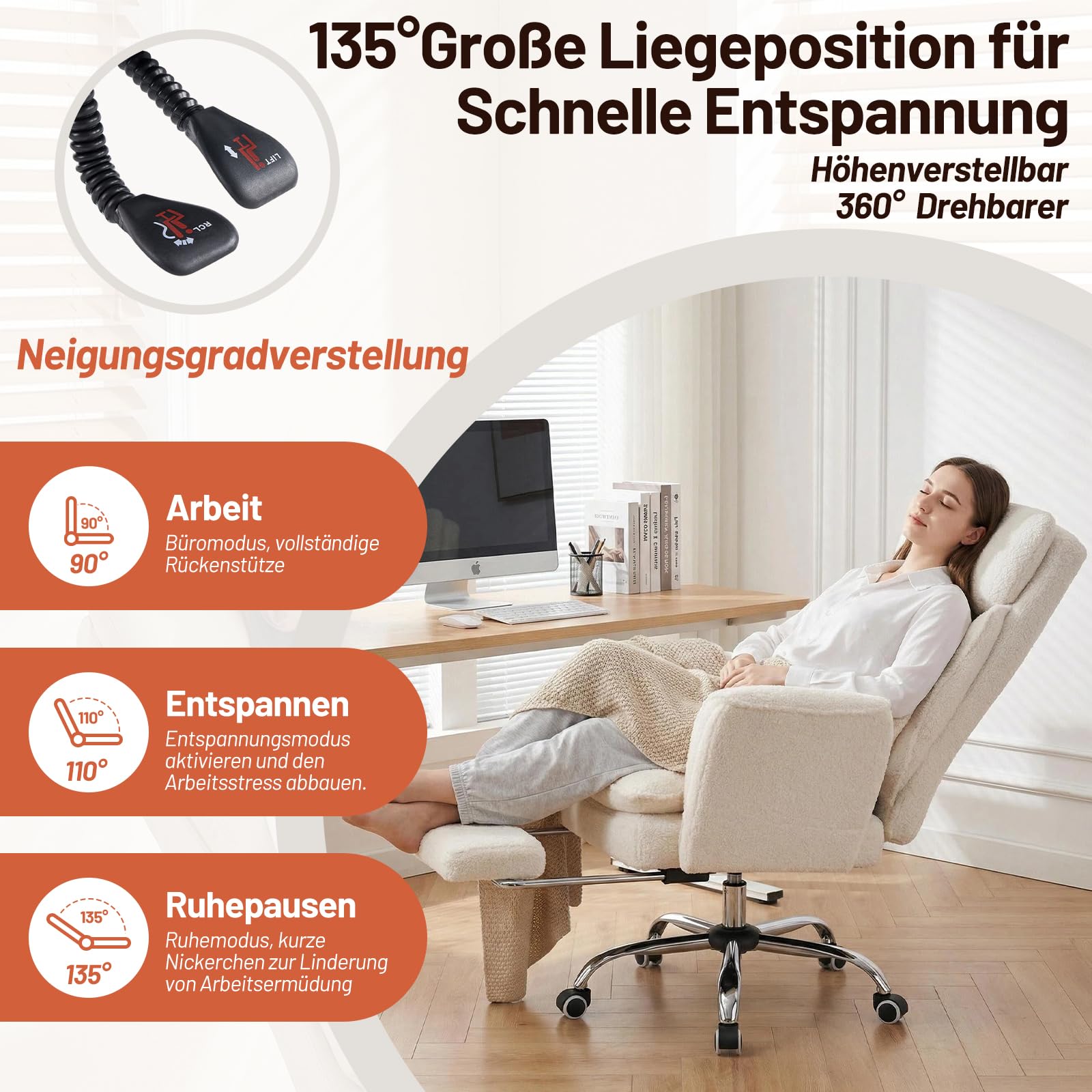 Ckaff Bürostuhl Chefsessel Ergonomisch, Gaming Stuhl mit 5-Stufig Verstellbare Armlehnen & Fußstütze, Schreibtischstuhl mit Verstellbarer Rückenlehne & Lendenwirbelstütze aus Teddy Stoff, Weiß 5