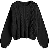 ZAFUL Women's Cable Knit Crewneck Sweater Lantern Sleeve Cropped Chunky Casual Pullover Top