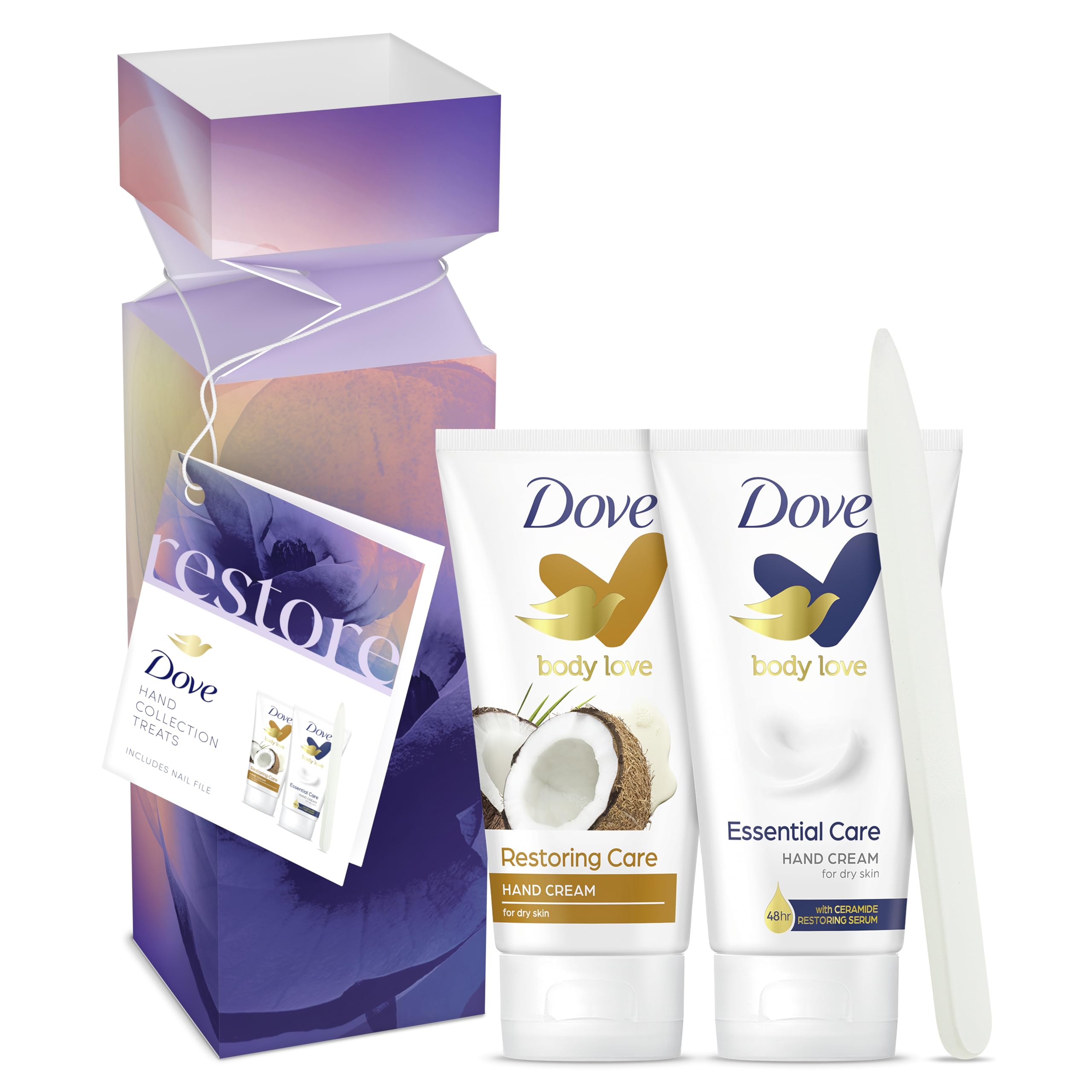 Dove Restore Hand Care Gift Set Collection For Her with a sleek glass nail file 2 piece