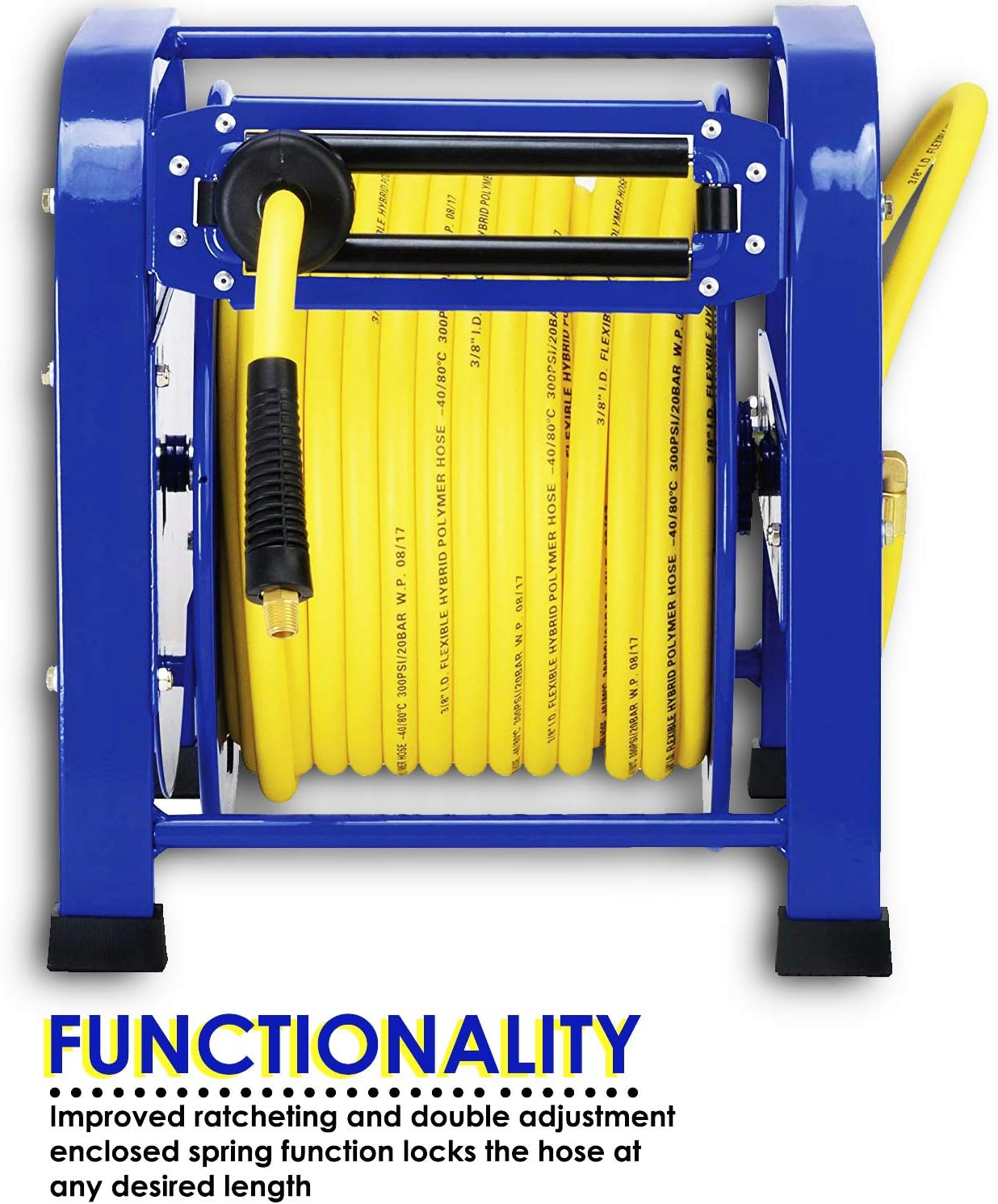 GOODYEAR Air-Hose-Reel Retractable 3/8" Inch x 100 Feet 300 Psi / 20 Bar Spring Driven Steel Elite Portable Quad Pod Heavy Duty Industrial Longest Premium Commercial Flex Hybrid Polymer - - 
