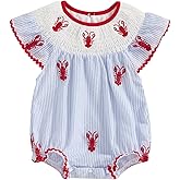 Sasaerucure Newborn Infant Baby Girl Smocked Bubble Summer Sleeveless Onesie Striped Crawfish Embroidered Romper