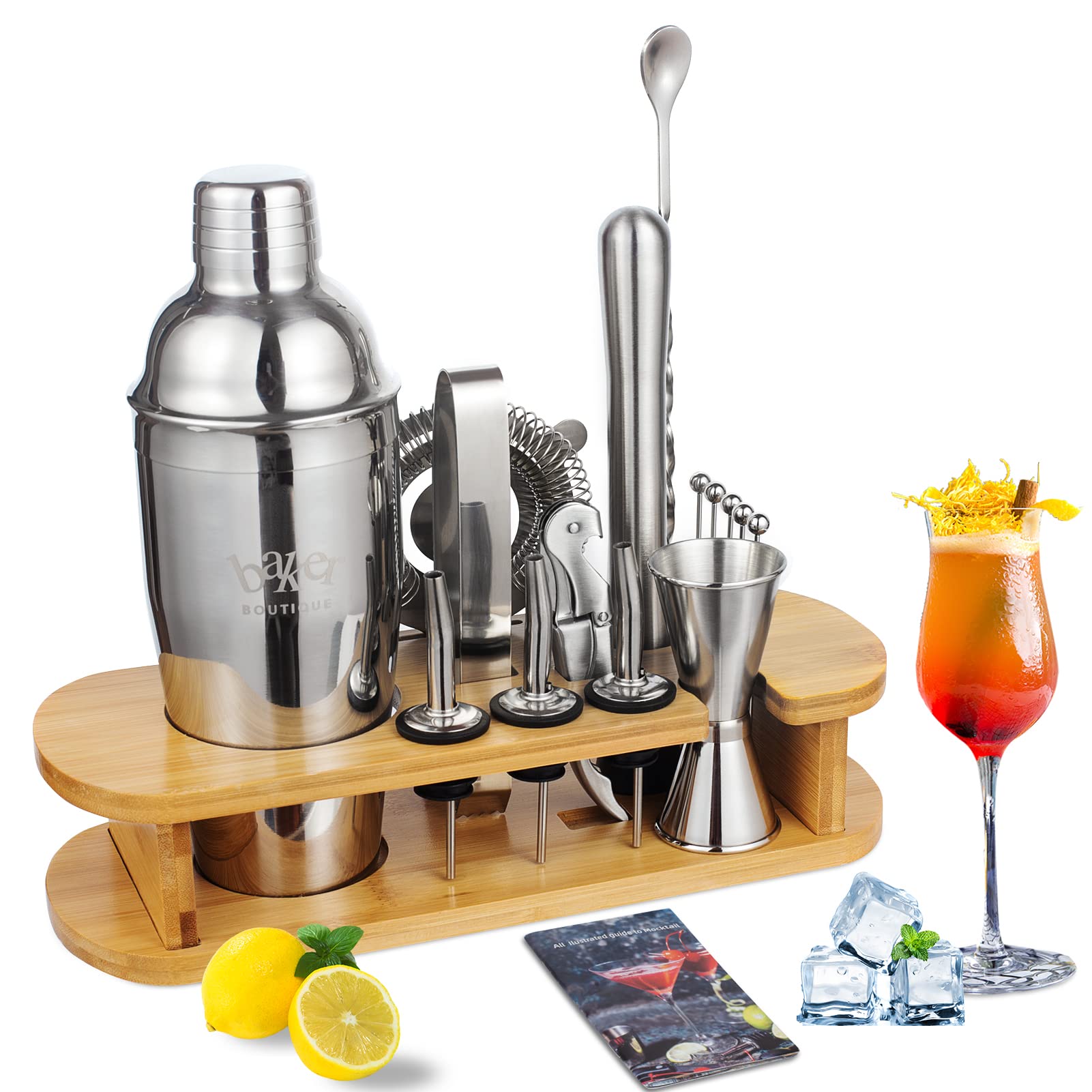 Baker Boutique Cocktail Shaker Set, 17pcs Cocktail Making Set, 750ml Cocktail Shaker with Wooden Display Stand & Cocktail Book, Cocktail Set for an Awesome Drink Mixing Experience