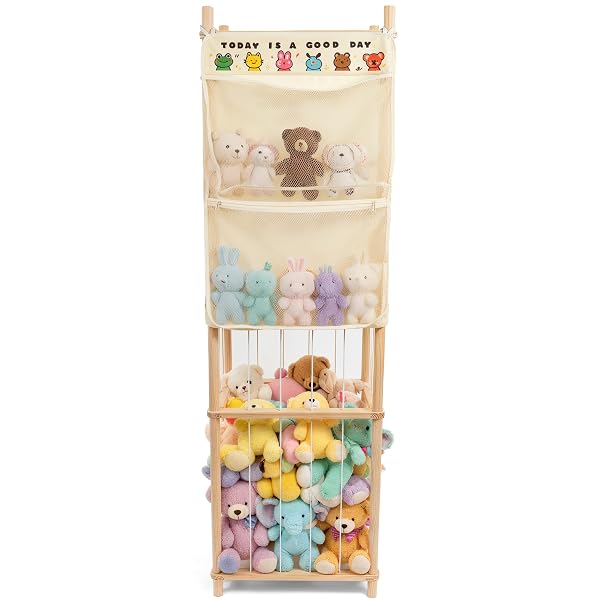 54-INCH TALL STUFFED ANIMAL STORAGE ORGANIZER – PREMIUM WOODEN PLUSH TOY HOLDER ZOO, LARGE TOY STORAGE TOWER WITH ELASTIC ROPE & SIDE STORAGE BAG FOR KIDS ROOM, NURSERY, PLAYROOM, CORNER (SPRINOAK)
