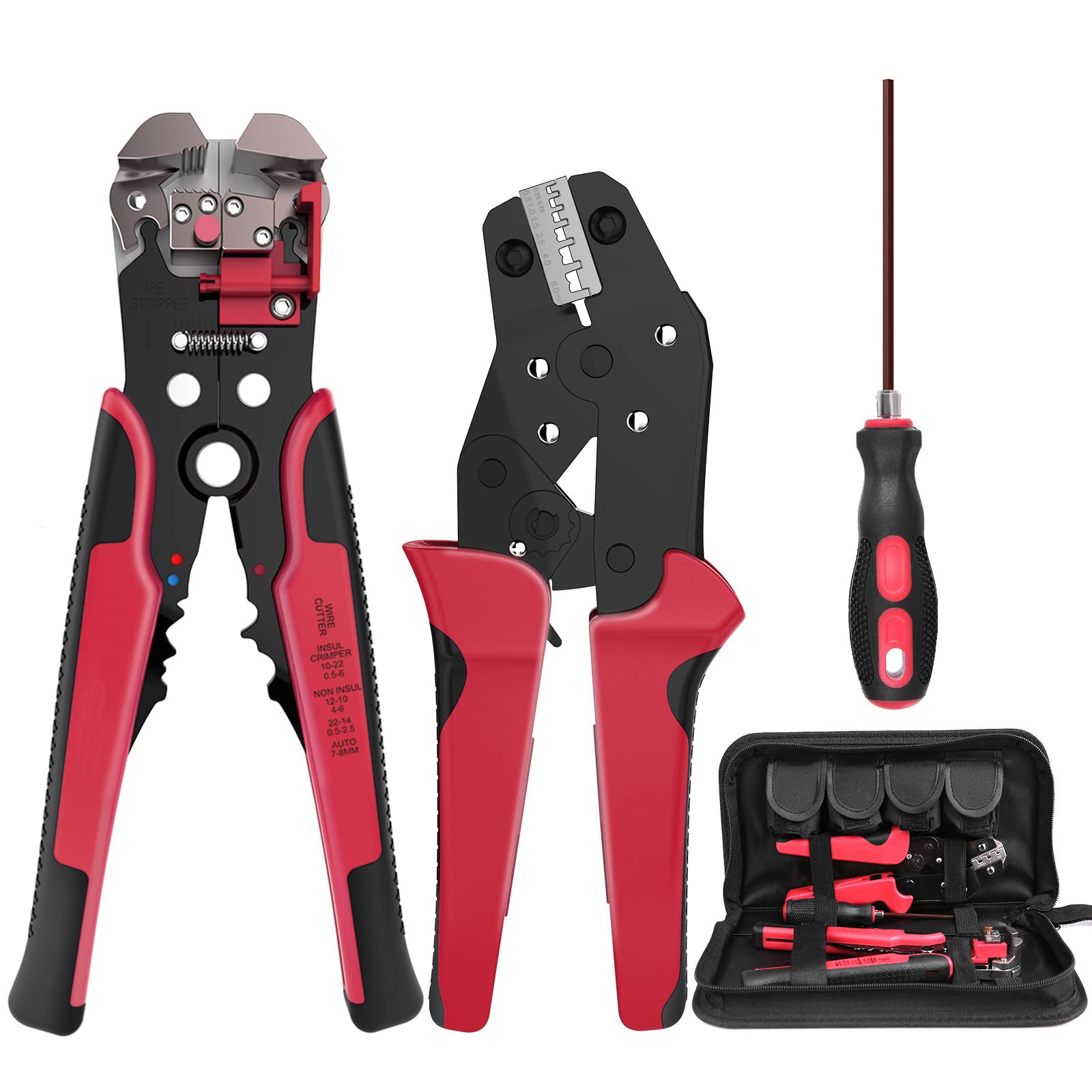 Vistreck Professional 4-in-1 Crimper Plier Wire Stripper Set , 0.2-6mm²/10-24AWG Insulated Ratcheting Wire Crimping Stripping Tool Kit with 4 Interchangeable Inserts Crimping Pliers, (JX-D4301)