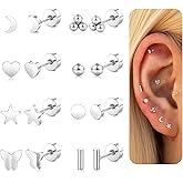 Flatback Stud Earrings for Women Hypoallergenic Gold Silver Surgical Stainless Steel Screw Back Earrings Stack Small Cute Star Heart Butterfly Stud Sets for Helix Cartilage Multiple Piercing