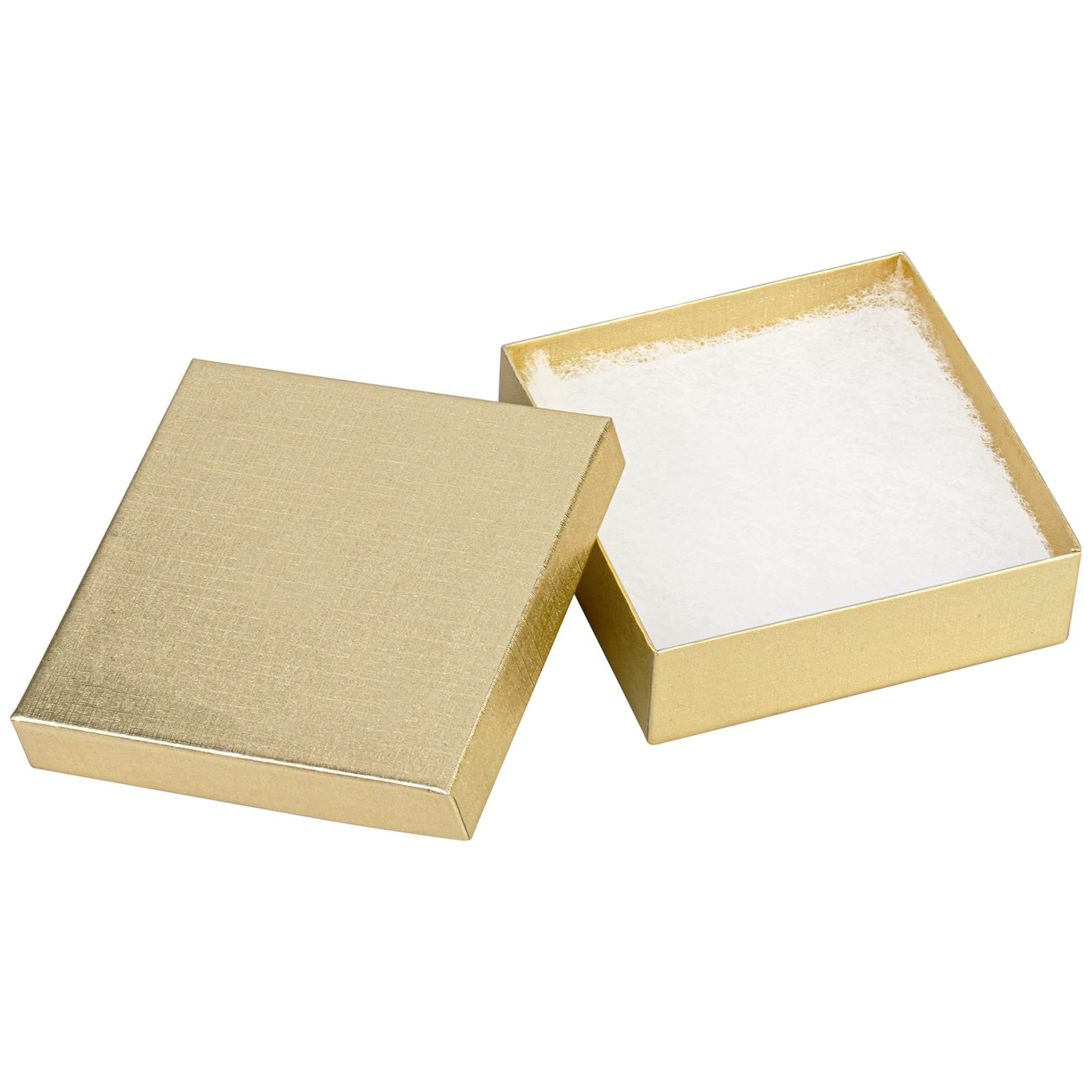 Cardboard Jewellery Boxes 10 Pack - 8.9 x 8.9 x 2.5cm Bulk Cotton Filled Small Gift Boxes with Lids for Jewellery Packaging (Gold Linen)