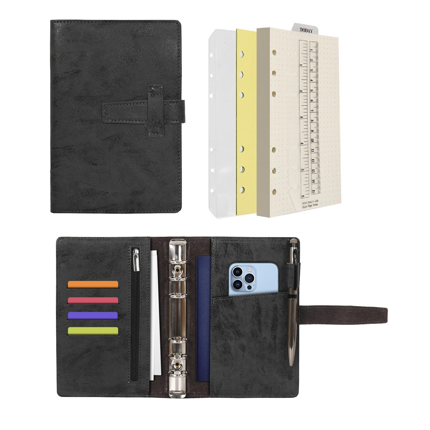 Wonderpool Leather Diary 6 Ring Binder Folder Organiser with Dotted Paper Refillable Writing Notebook & Multi Pockets Cover for Business Study Travel (A6, Black)