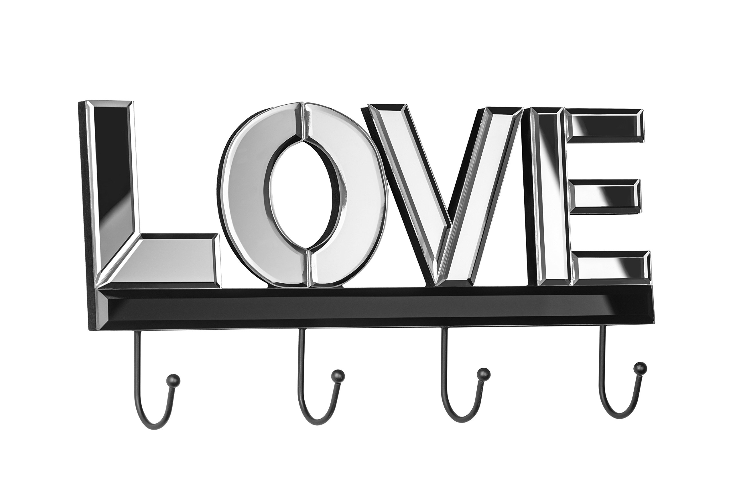 Premier Housewares 509805 4 Hook Mirrored Love Wall Hanger - Silver H18 x W35 x D5cm