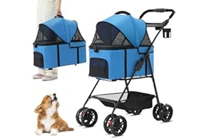 MSmask 3 in 1 Dog Stroller, 4 Wheels Folding Pet Stroller for Medium Small Dogs w/Removable Travel Carrier, Portable Cat Puppy Jogging Stroller, Push Button Entry, Storage Basket, Cup Holder
