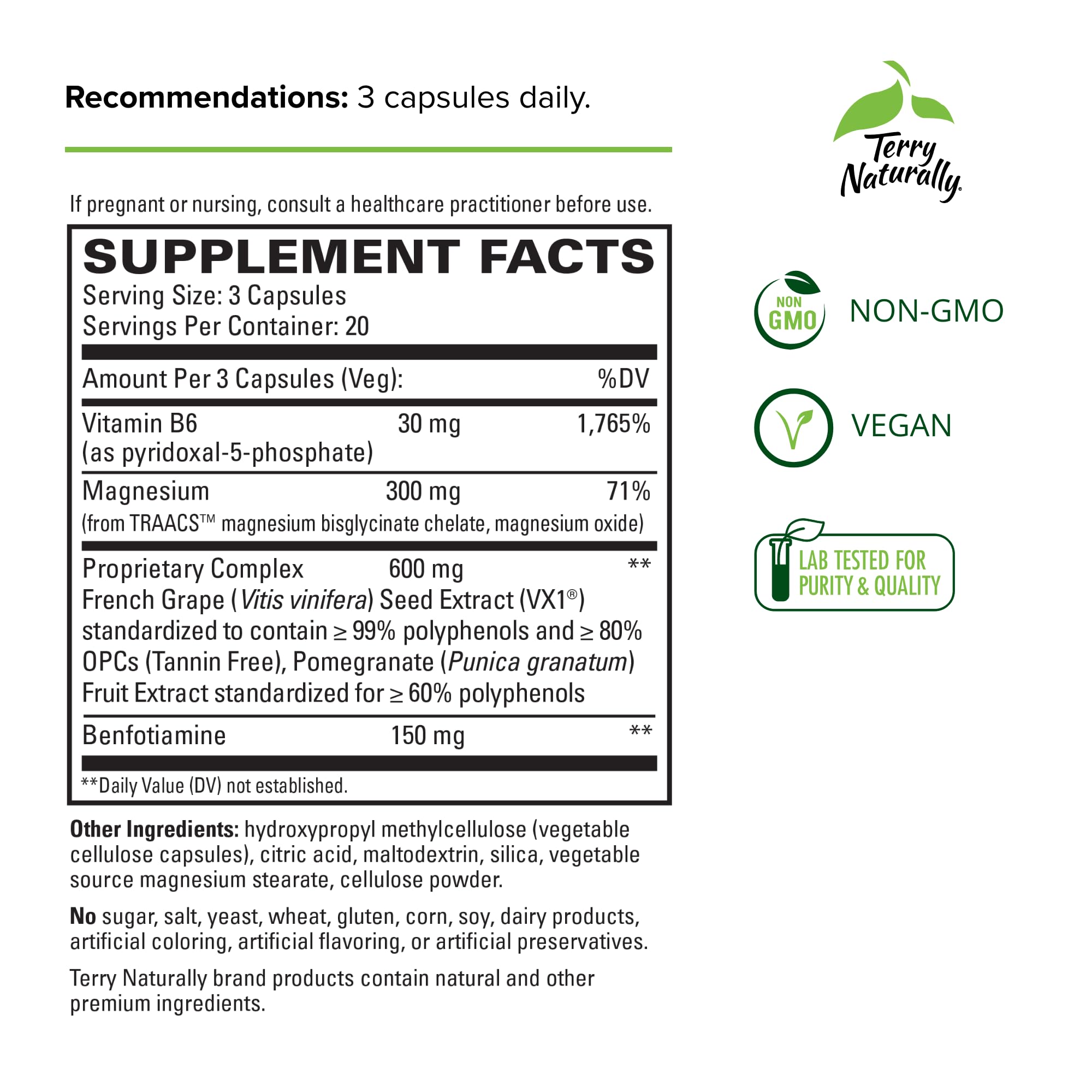 Terry Naturally Clinical OPC Heart - Heart Health Supplement with Magnesium, Vitamin B6, Grape Seed Extract - Dietary Supplement for Artery Health & Circulation - 60 Capsules