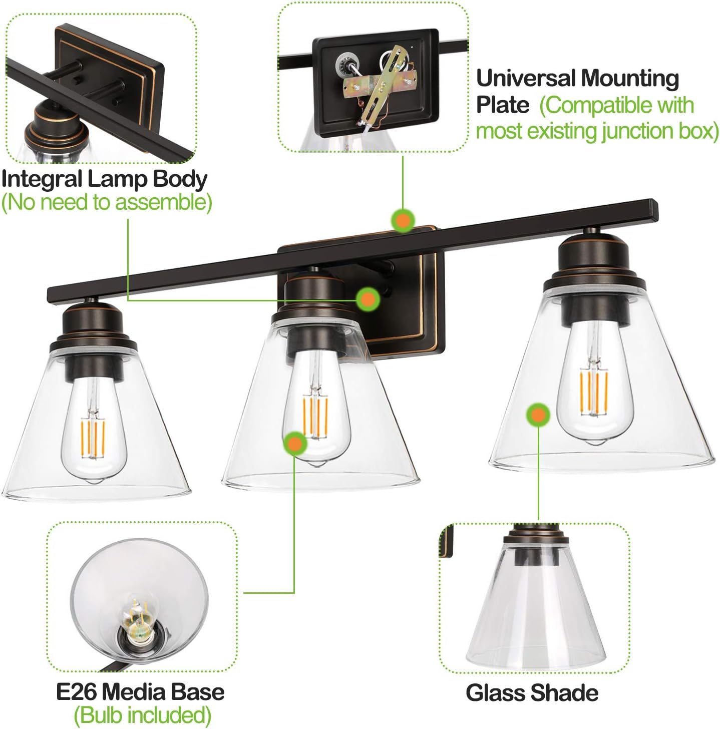 3-Light Bathroom Light, Led Edison Bulbs Included, Oil Rubbed Bronze Vanity Light Fixtures, Bathroom Wall Sconce Lighting with Clear Glass Shades, ETL Listed - - 