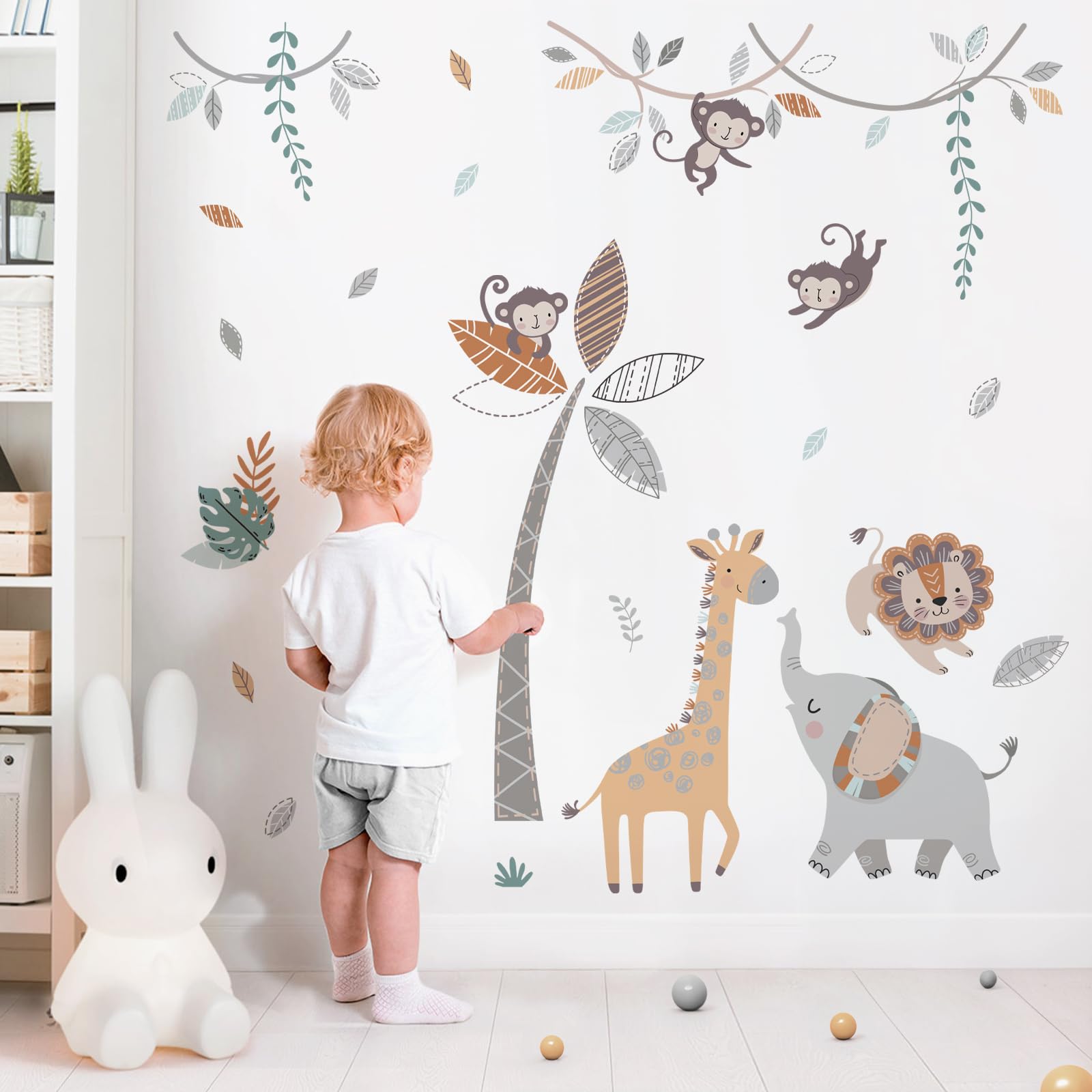 wondever Boho Jungle Animals Wall Stickers Safari Animal Tree Elephant Giraffe Monkey Peel and Stick Wall Art Decals for Baby Nursery Kids Bedroom