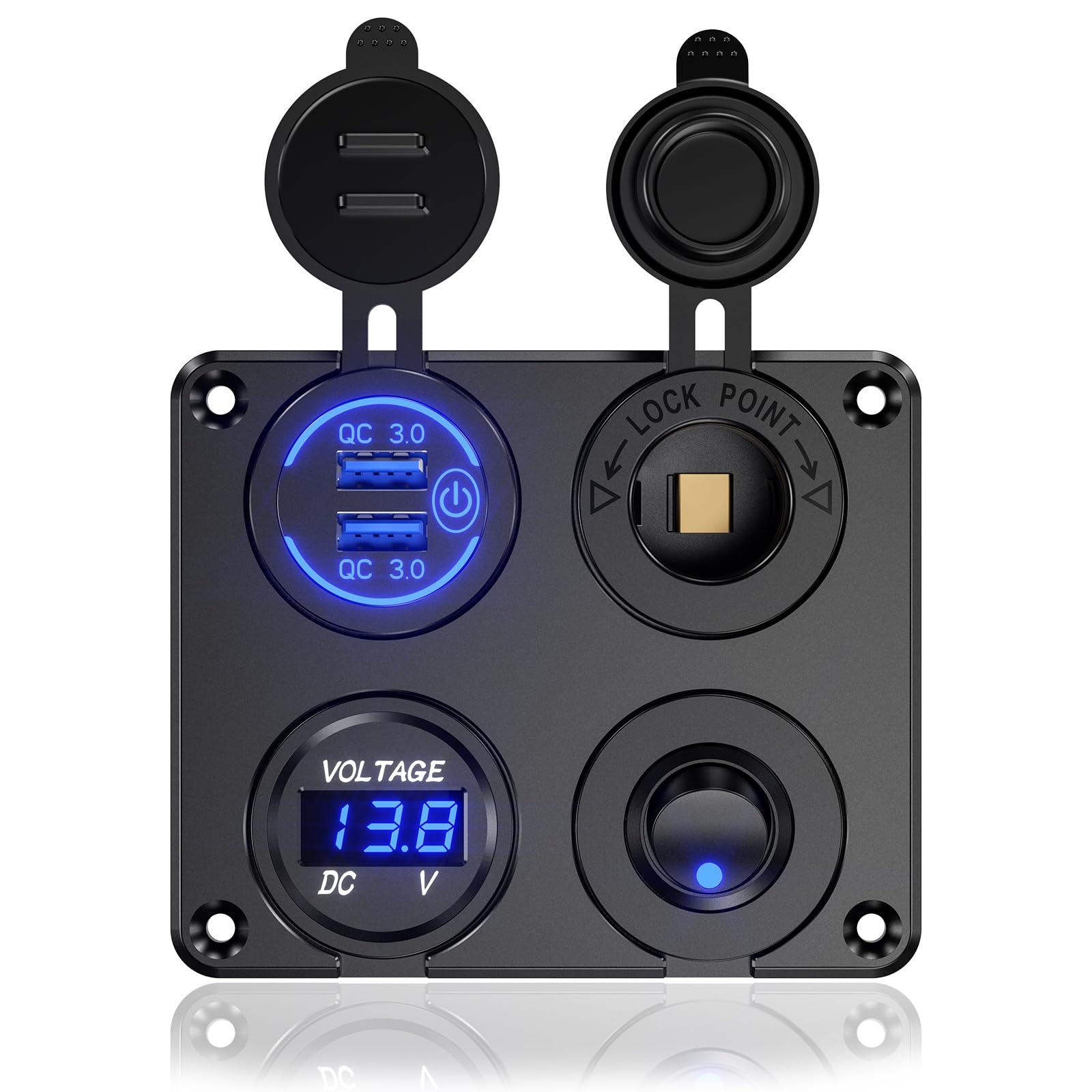 Photo 1 of 4 in 1 12V Outlet Charger Socket Panel, 36W Power Dual QC 3.0 USB Car Charger, Cigarette Lighter With LED Voltmeter Rocker Toggle Switch for Car Boat RV Truck