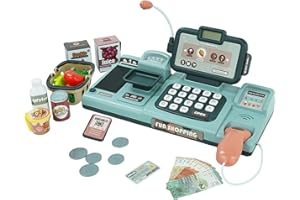 ARK MIIDO Kids Cash Register Toy Pretend Play Store Electronic Toy Set Classic Count Toy with Sound, Scanner Food Shopping Basket Pretend Credit Card Gift for Boys Girls 3 4 5 6 7 8 Years(Green)
