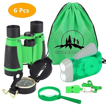 Dilwe Binocular, Hand Crank Flashlight, Mini Compass, Magnifying Glass, Whistle, and Drawstring Backpack Toy Kit (Green) -Set of 6 Pieces