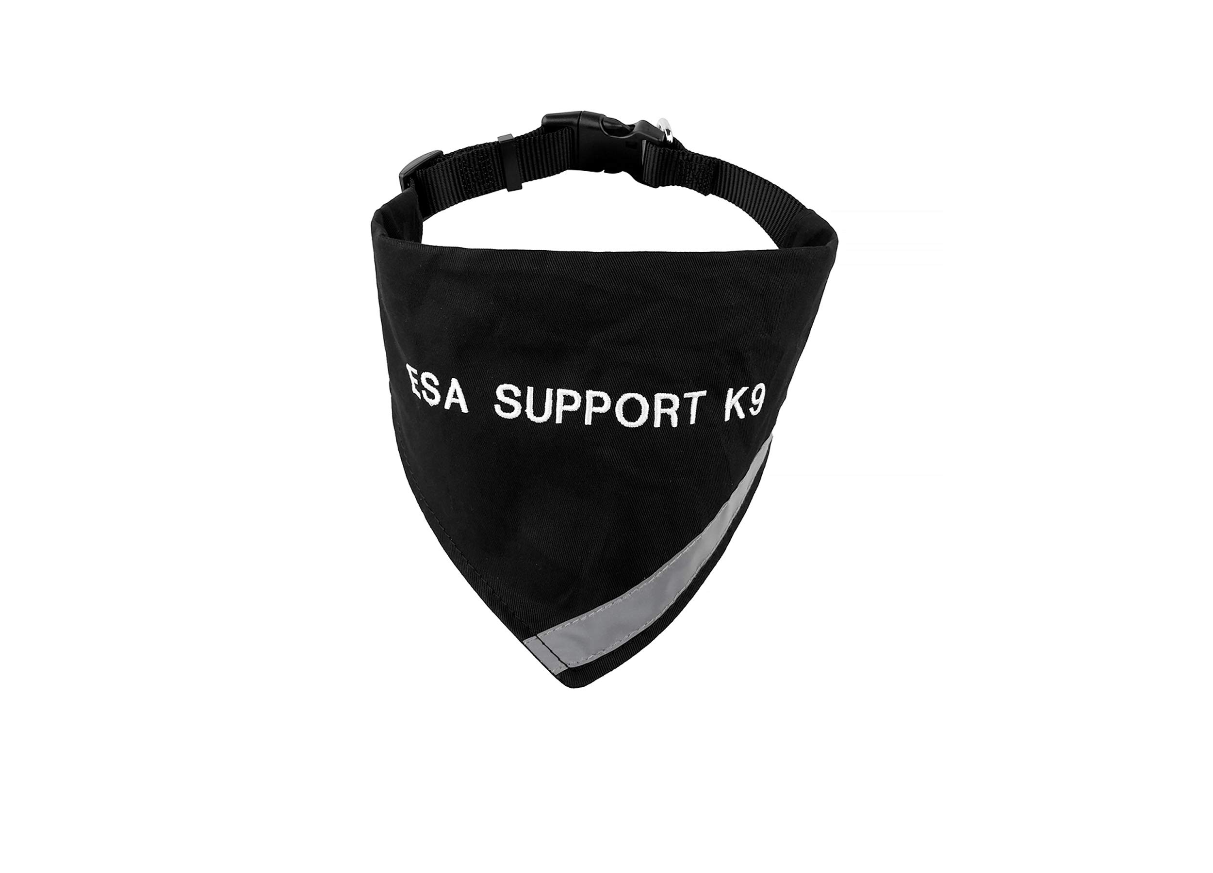 ESA bandana with Reflective Strip for dogs Safety at Night. Has Built in Matching Collar to Keep esa dog tag Secure | Metal Ring to Attach Leash | Four Colors (XS to Large) (Neck 14-20", Black)