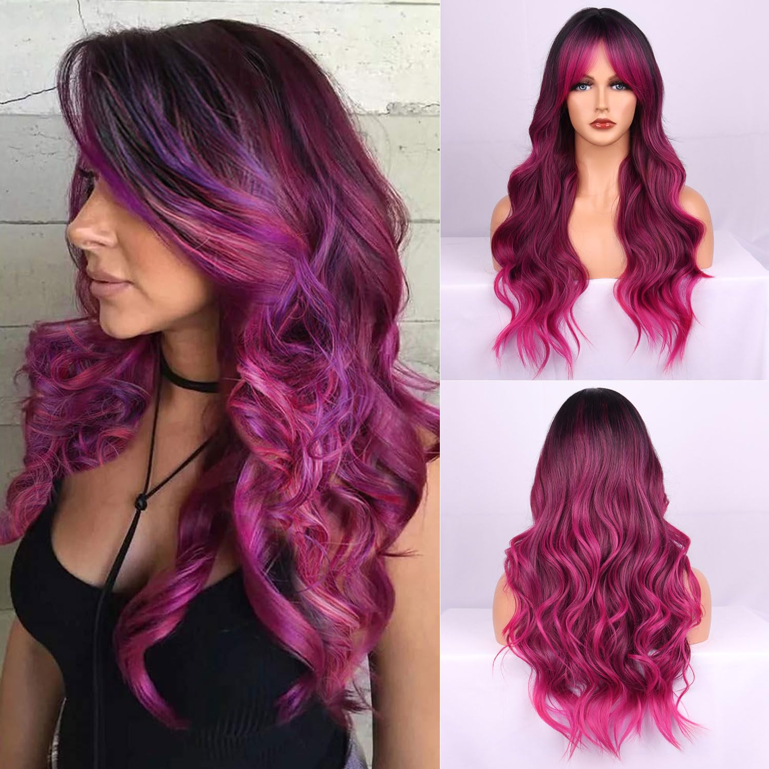 Fulang Hair Long Wave Omber Pink with Purple Wigs for Women Synthetic Hair Heat Resistant Wig for Daily Party Cosplay Use