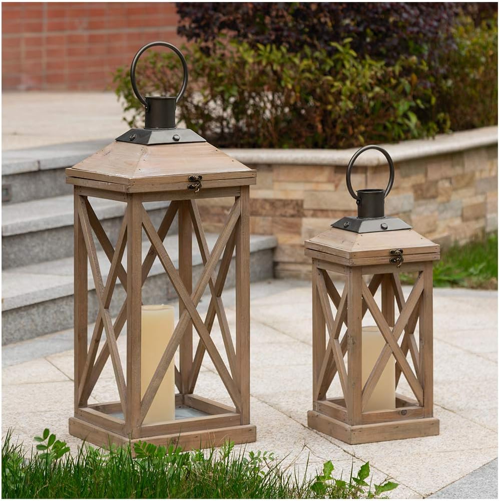 Glitzhome Mondern Farmhouse Wood Metal Lanterns Decorative Hanging Candle Lanterns Set of 2, Grey (No Glass): Kitchen & Dining