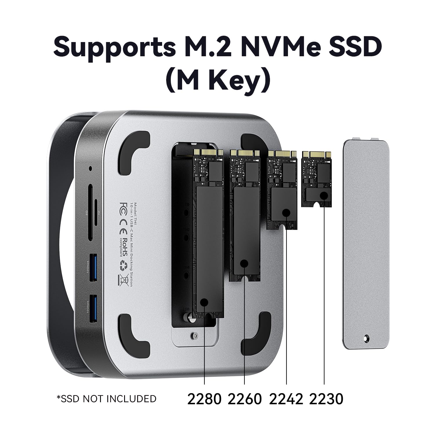 VENTION Mac mini M4 Dock 10-in-1, Aluminium-Stand für M4/M4 Pro mit NVMe SSD-Enclosure, 4K@240Hz/144Hz HDMI, 10 Gbps USB-A & USB-C Dockingstation, SD/TF-Kartenleser, Dual Audio Ports, Silber 5