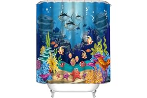 Sikaiqi Cartoon Tropical Fish Shower Curtain for Bathroom and Bathtubs, Blue Ocean Theme Waterproof Kids Bathroom Shower Curtain Thickening Washable Shower Curtain, 72" x 72" 12 An-rust Hooks Included