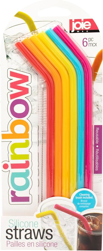 Joie Rainbow Silicone Straws Reusable 6 Pieces with Cleaning Brush