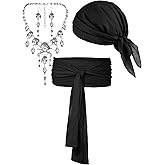 Fourluoo 4 Pcs Pirate Costume Accessories Women Pirate Head Scarf Sash Belt Necklace Earrings for Cosplay Party Outfit