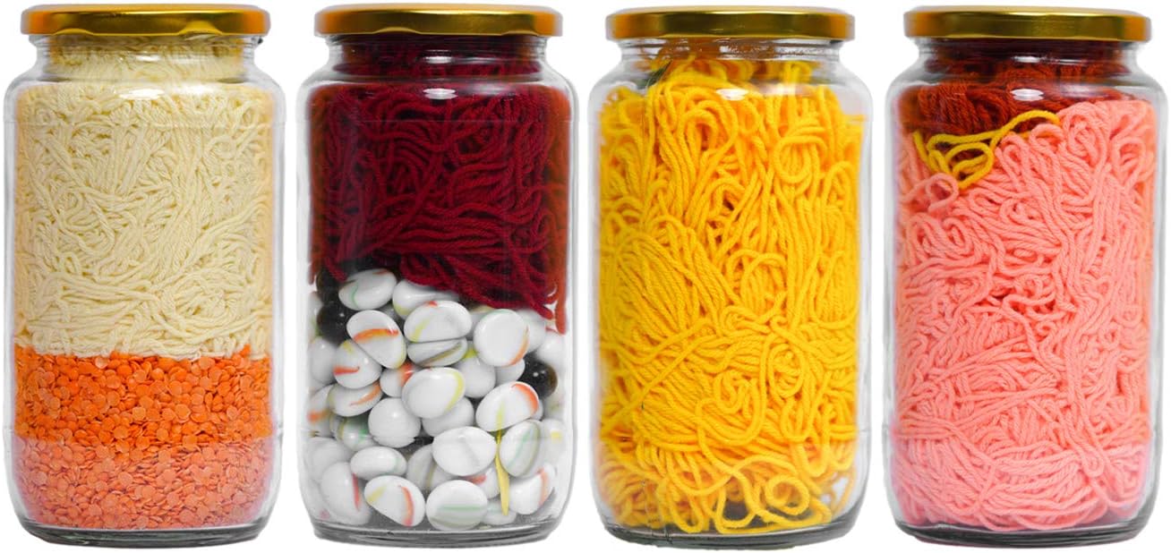 Exelcius 1000 Gram Glass Jar with Air Tight Gold Lid for Kitchen Dried Masla Storage Jar,Honey Jar,Jar and Container,Spice Masala Jar,Glass,Visible Glass Jar for Kitchen Storage Set of (4)
