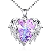 KQF 925 Sterling Silver Crystal Angel Wings Necklaces for Women, Love Heart Pendant with Birthstone, Birthday Jewelry Gifts for Mom Wife Girlfriend