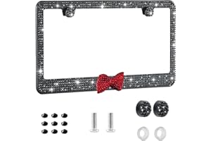 HEQXWL Bling License Plate Frame for Women, 1 Pack Sparkly Diamond Car Tag Covers with Rhinestone Crystals & Glitter Screw Caps, Stainless Steel Girly Auto Accessories, for Her (Black +Red Bow)