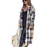 Omoone Women's Flannel Plaid Shacket Fall Oversized Long Button Down Shirt Jacket Shackets