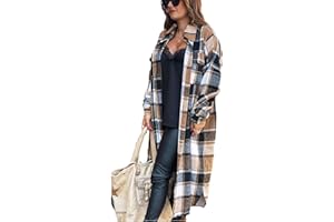 Omoone Women's Flannel Plaid Shacket Fall Oversized Long Button Down Shirt Jacket Shackets