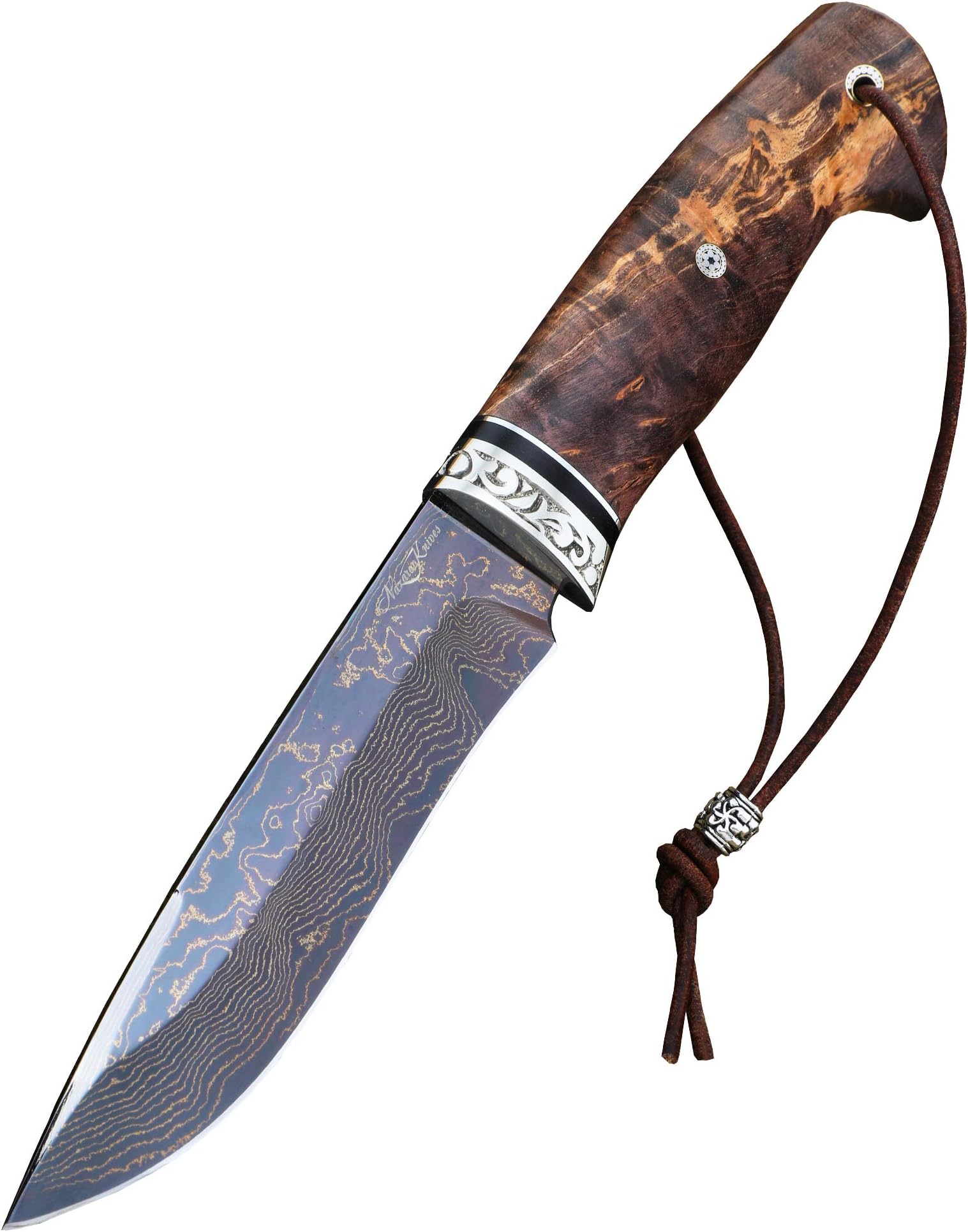 Custom Knife Varan - Laminated Damascus Steel - Karelian Birch Handle - Melchior Crossguard - Handforged - Exclusive Gift - Customized Engraving โ Leather Sheath