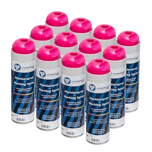 Markierspray leuchtend pink clickandtools® 12'er Pack mit Spezialsprühkopf, schnell trocknend