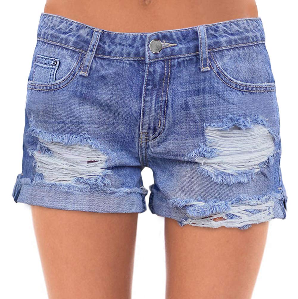 roswearWomen's Ripped Mid Rise Stretchy Denim Jeans Shorts