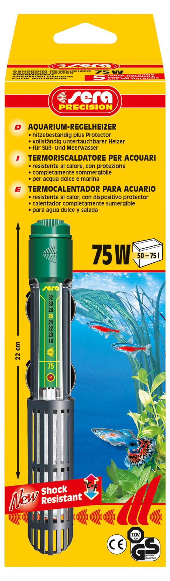 Sera 75 W Control Heater with Shock-resistant Quartz Glass, Precision Safety Circuit and Safety Protector