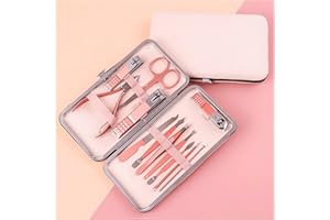 KOOFULL Pink Manicure Set Beauty Tool Portable 12 in 1 - Nail Clipper Pedicure Grooming Kit Stainless Steel Luxury Leather Travel Case, for Woman Girl Home Travel Gift Giving