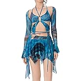 Coduop 3 Piece Skirt Outfit for Women Y2K Butterfly Print Sexy Crop Top and Skirt Rave Festival Matching Halloween Set