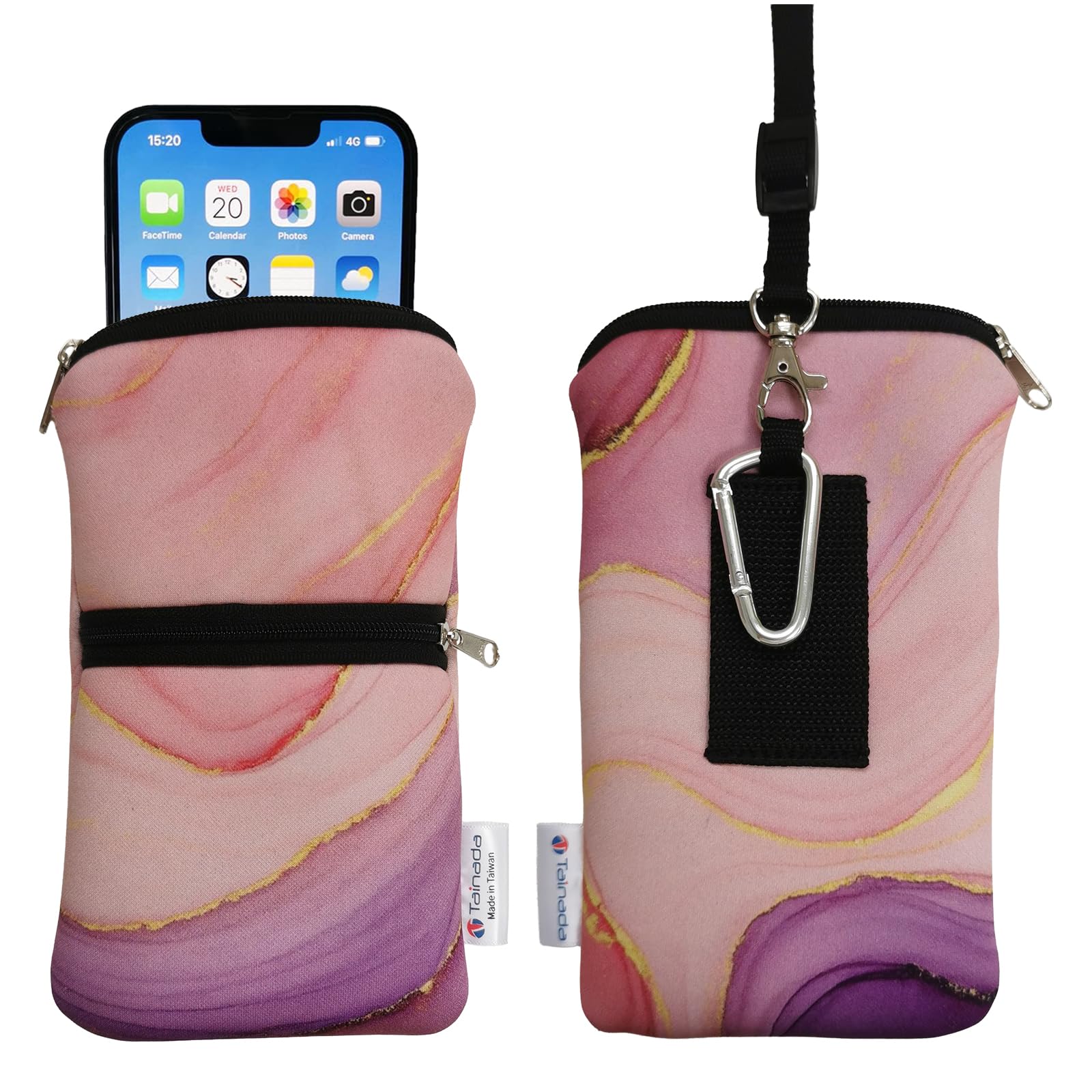 Tainada Women Cell Phone Neoprene Shockproof Zipper Sleeve Case Bag Pouch w/Carabiner, Neck Lanyard, Belt Loop Holster for iPhone 17/16 Pro Max, Air, 16 Plus; Samsung S25+, S24, A56 (Marble Pink)