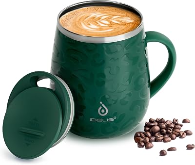 Ideus 16 oz Insulated Coffee Mug with Handle and Lid Leopard Green