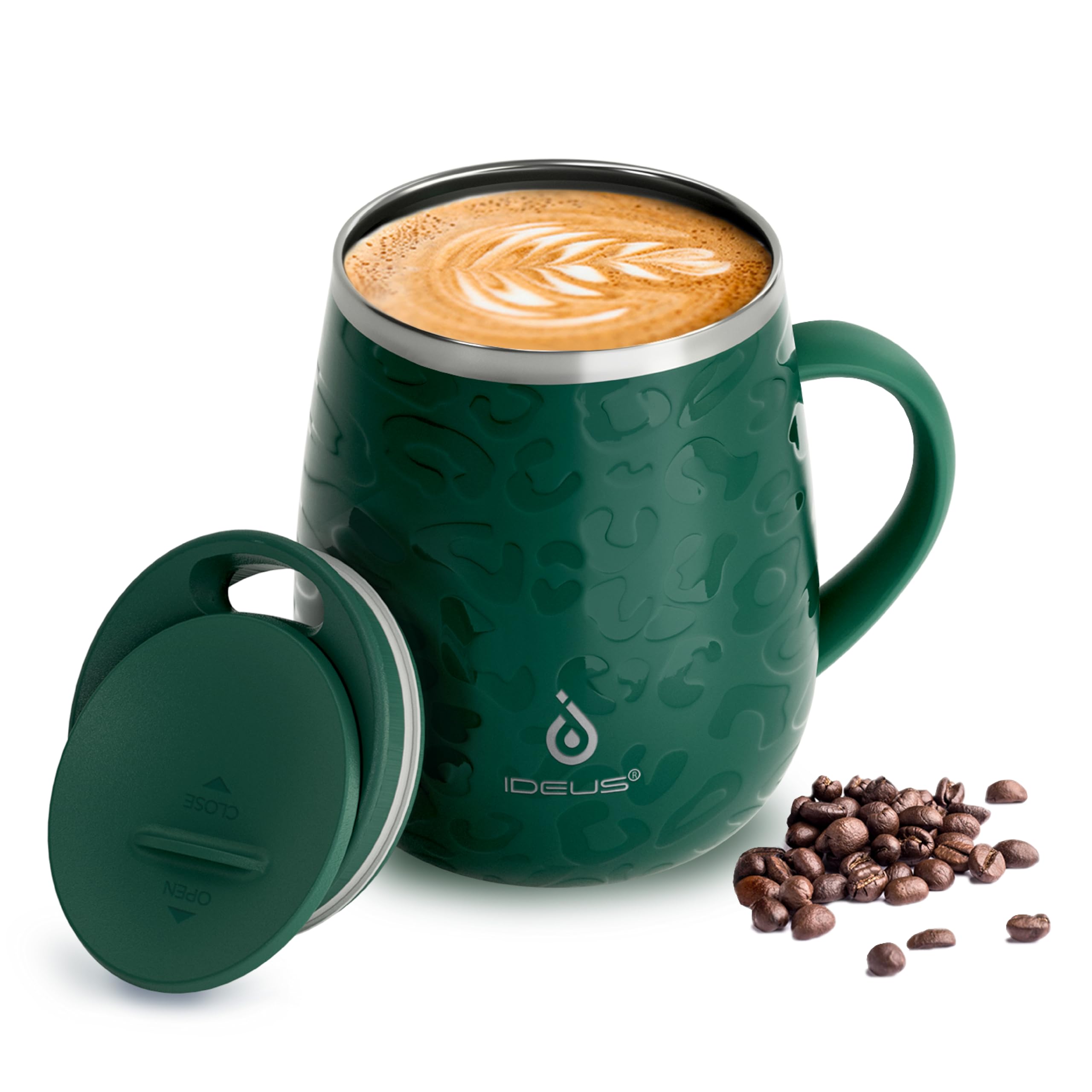 Ideus 16 oz Insulated Coffee Mug with Handle and Lid, Double Wall Stainless Steel Vacuum Insulated Tumbler Cup, Travel Coffee Cup Thermal Cup for Home Office (Leopard Green)