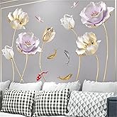 WOHAHA Lotus Flower Wall Decals Peel and Stick Carp Floral Wall Stickers Removable Waterproof Murals Living Room Bedroom Entryway Beautiful Decorative Sofa TV Background Wall Art Decorations