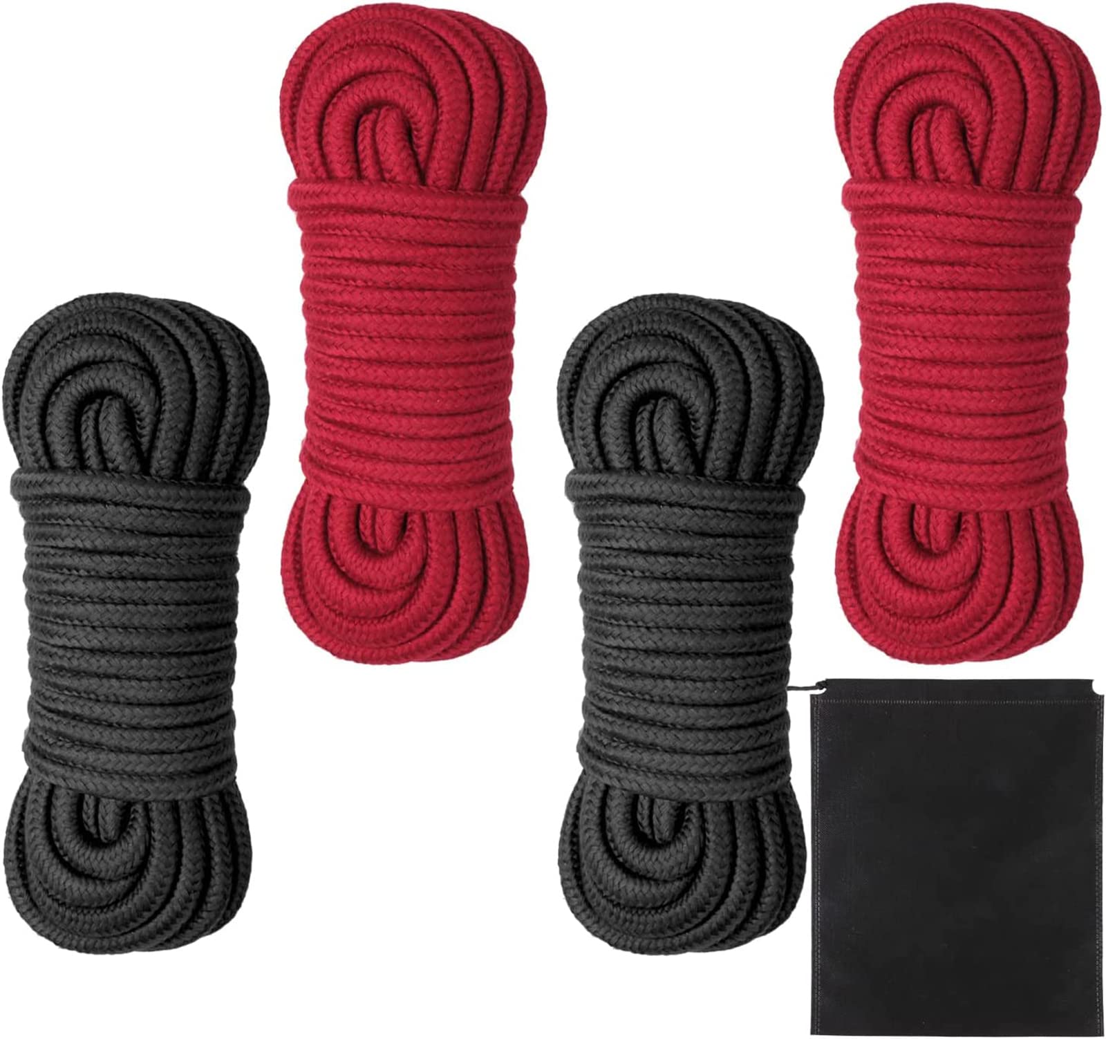 4 Pack 5m/16Feet Soft Cotton Rope, 8mm Long Rope Thick Craft Cord Cotton Cord Bondage Rope Twisted Cord with Storage Bag (Black+Red)