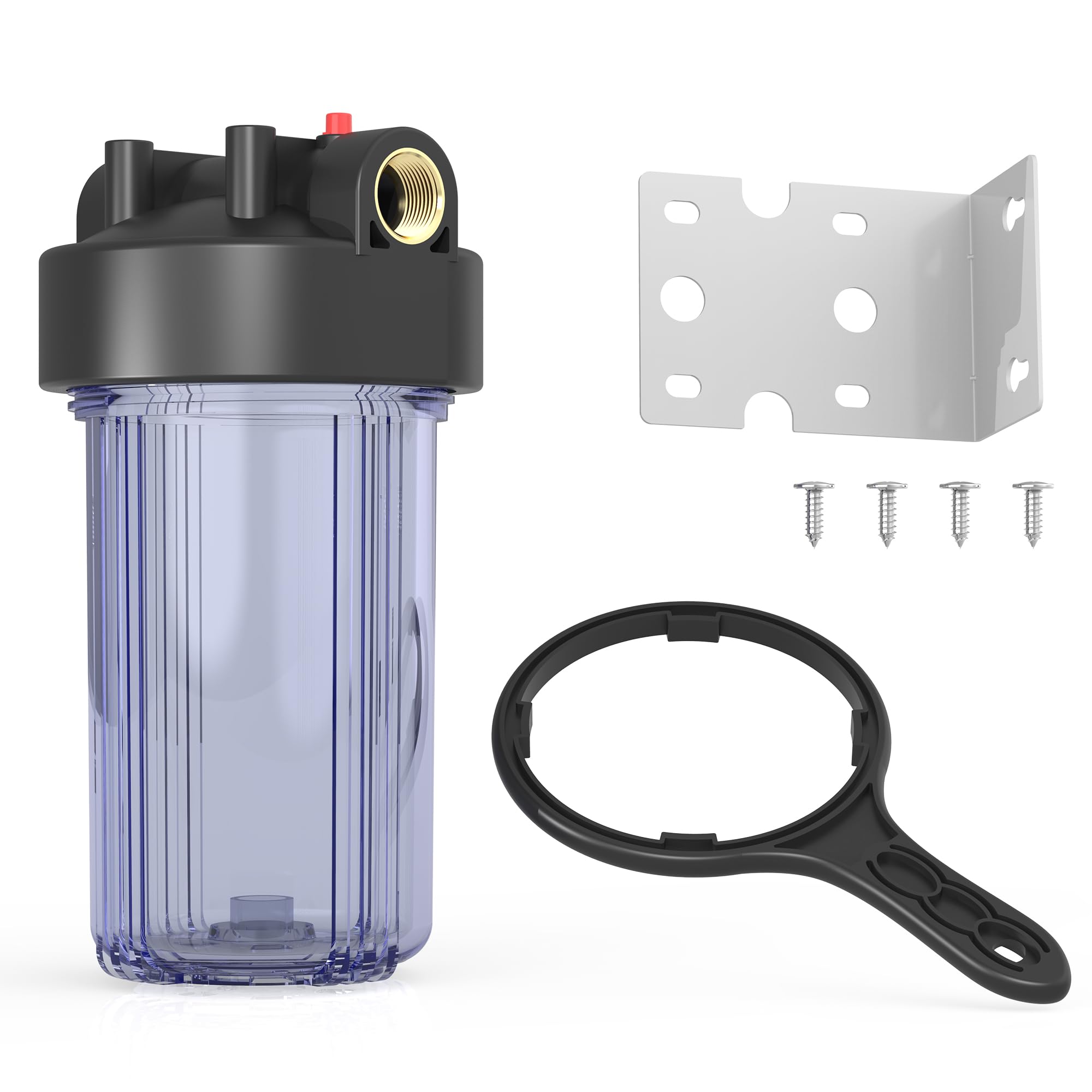 Photo 1 of MewMore WHT10 Whole House Water Filter Housing, Fit 10"x4.5" Sediment etc Filters for Well and City Water, Big Filter Blue Pre-Filtration System for Home, 1" NPT Port, Pressure Release (Clear Housing)