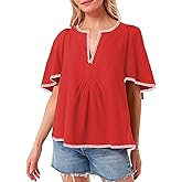 HOULENGS Women's Casual Ruffle Short Sleeve Tops 2025 Summer V Neck Pleated Blouses Loose Business Work Shirts