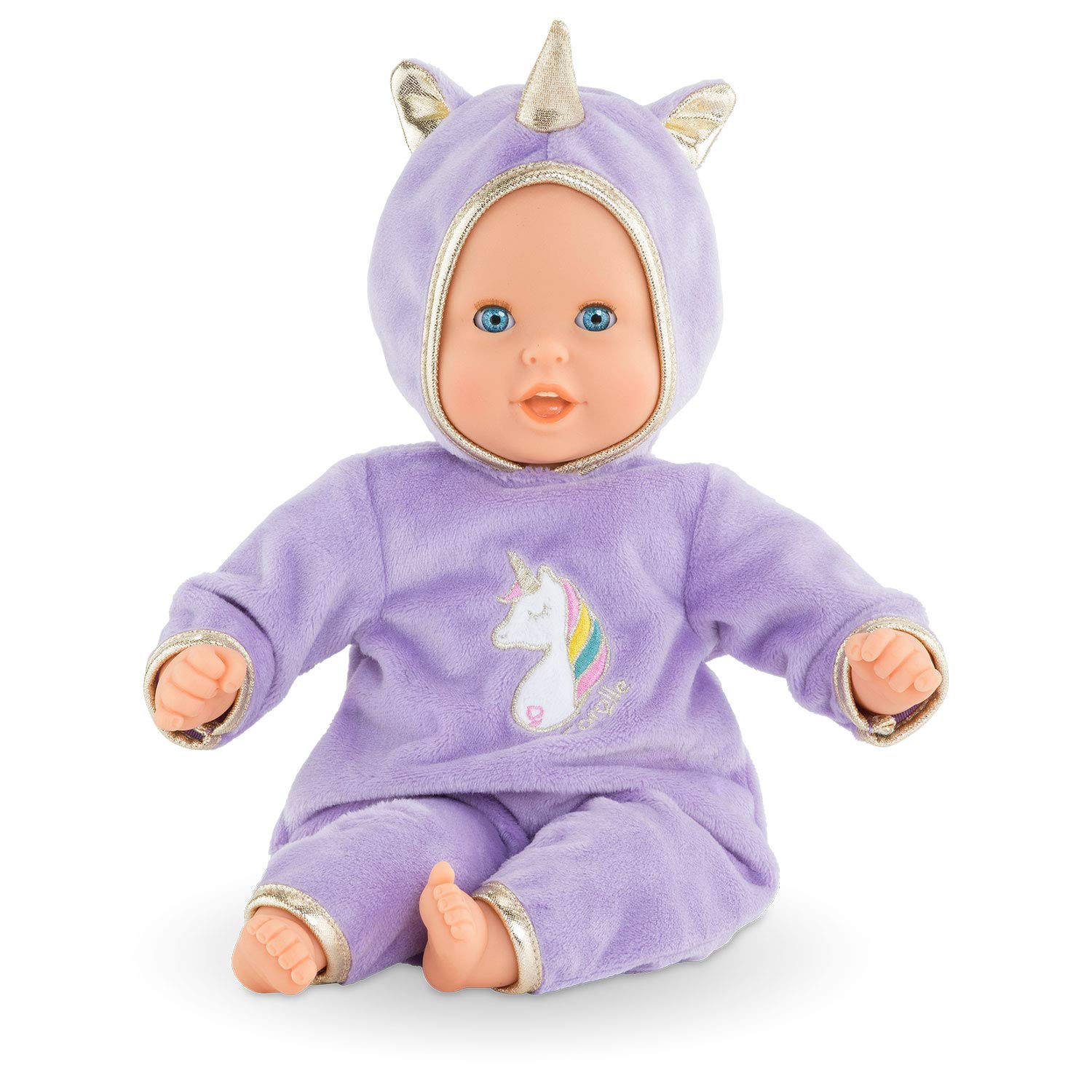 Corolle 100490 Mon Premier Poupon Puppe Calin/Soft Body Doll with Sleeping Eyes/Unicorn Romper with Hood/Vanilla Fragrance / 30 cm/Suitable for Children from 18 Months, Purple, 12 inches