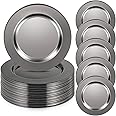 Vesici 12 Pcs Pearl Black Stainless Steel Charger Plates 13 Inch Round Metal Charger Plates Bulk Mirror Elegant Luxury Table Decor for Wedding Dinner Party