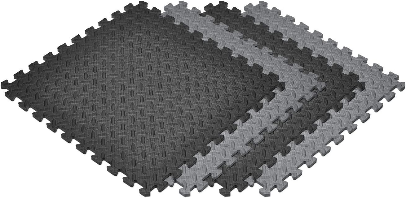 Norsk Foam Floor Gym Mats with Interlocking Tiles, .47" Thick, 24"x24", 24-Pack, 96 Square Feet, Diamond Plate Design, Black