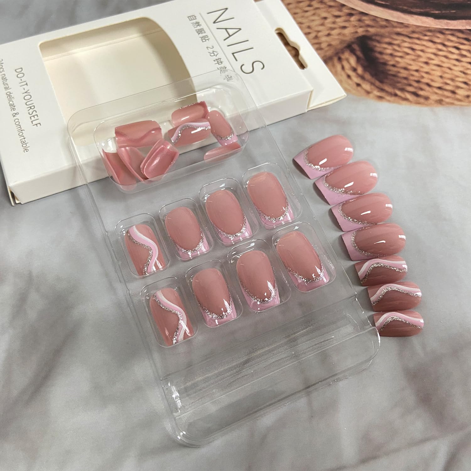 Pink French Tip Press On Nails - Medium Square, Glitter Wavy Stripe Acrylic Coffin Nails with Glue on Full Cover Stick Ons for Women DIY Charm Manicure - Image 4